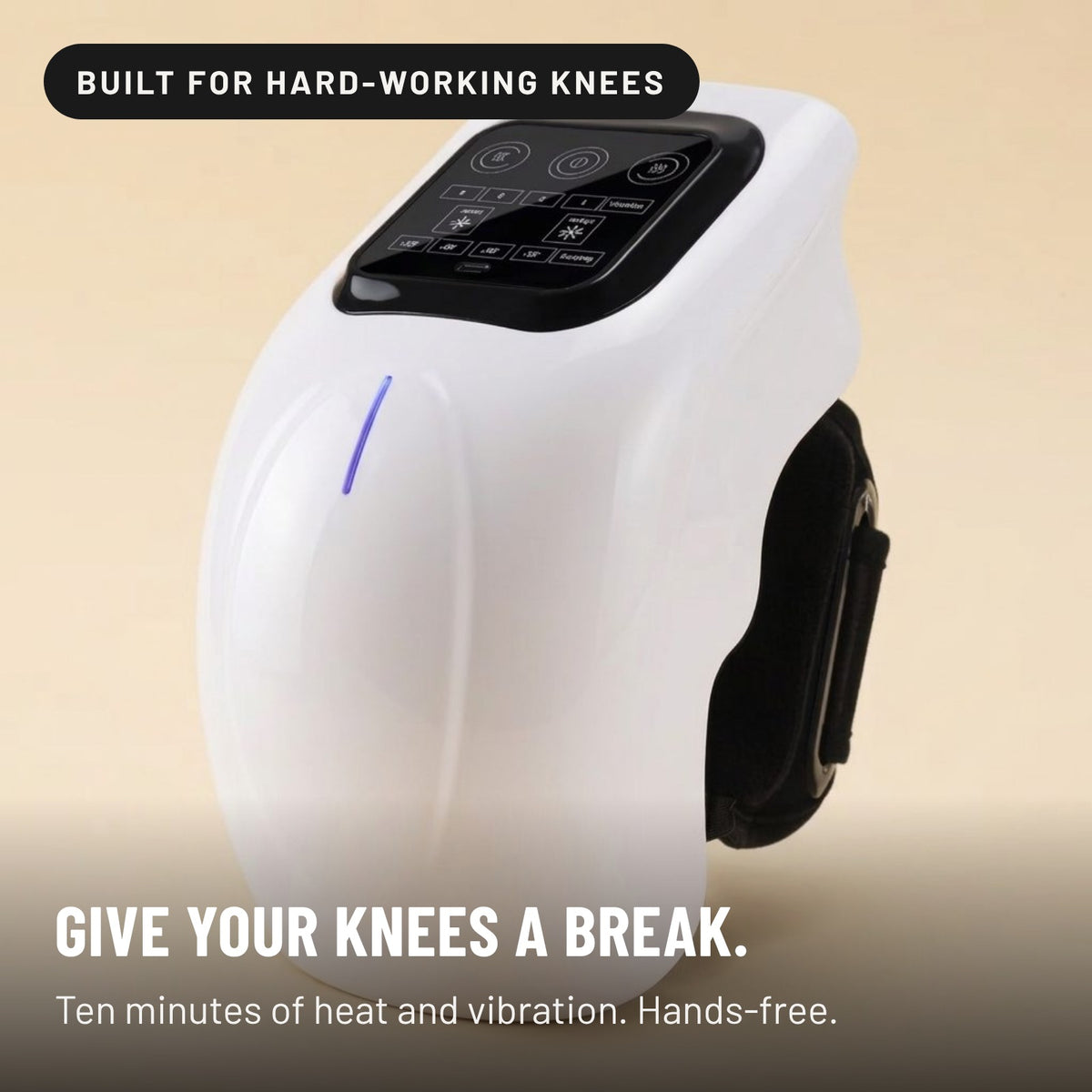 ACTUM ShiftReset cordless knee device with heat, vibration and LED light, shown close up. "Give your knees a break. Ten minutes of heat and vibration. Hands-free."