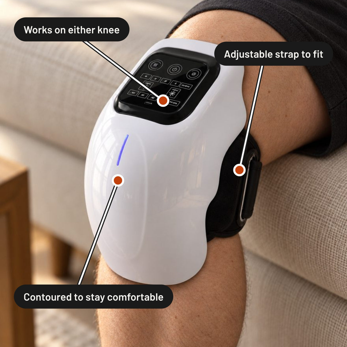 ShiftReset knee device strapped on a bare knee, with callouts for an adjustable strap and a contoured shell. Works on either knee.