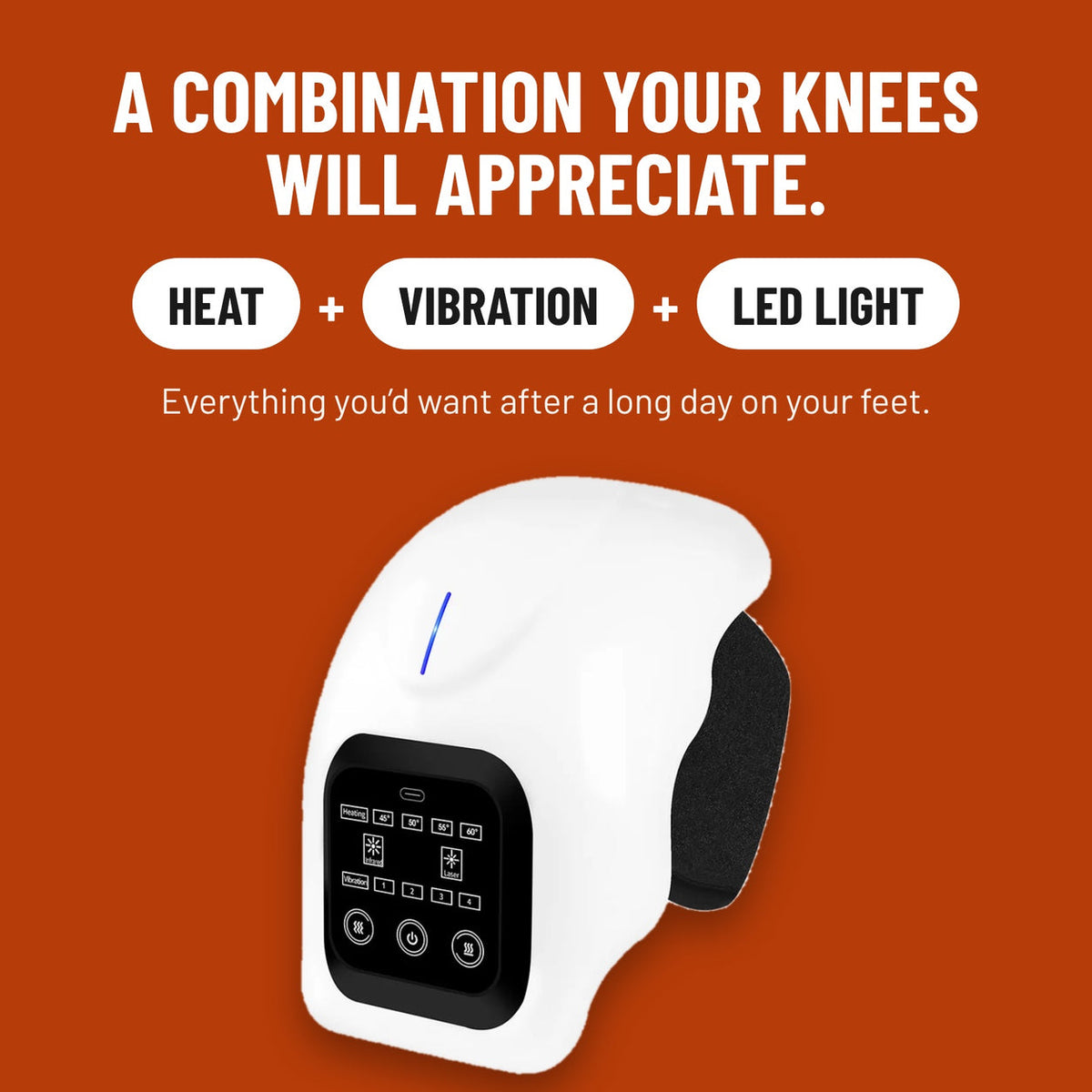 ShiftReset knee device on an orange background with the control panel visible. Heat plus vibration plus LED light, for after a long day on your feet.