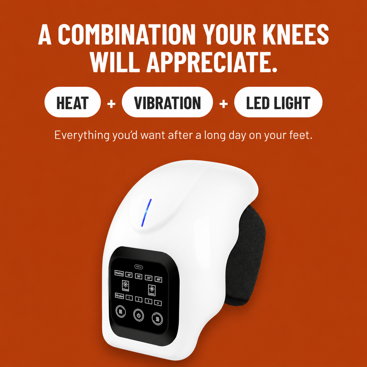ShiftReset knee device on an orange background with the control panel visible. Heat plus vibration plus LED light, for after a long day on your feet.