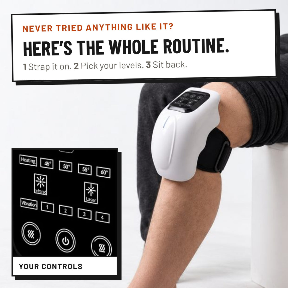 ShiftReset on a knee with a close-up of its controls: heat 45 to 60°C, vibration levels 1 to 4. Strap it on, pick your levels, sit back.