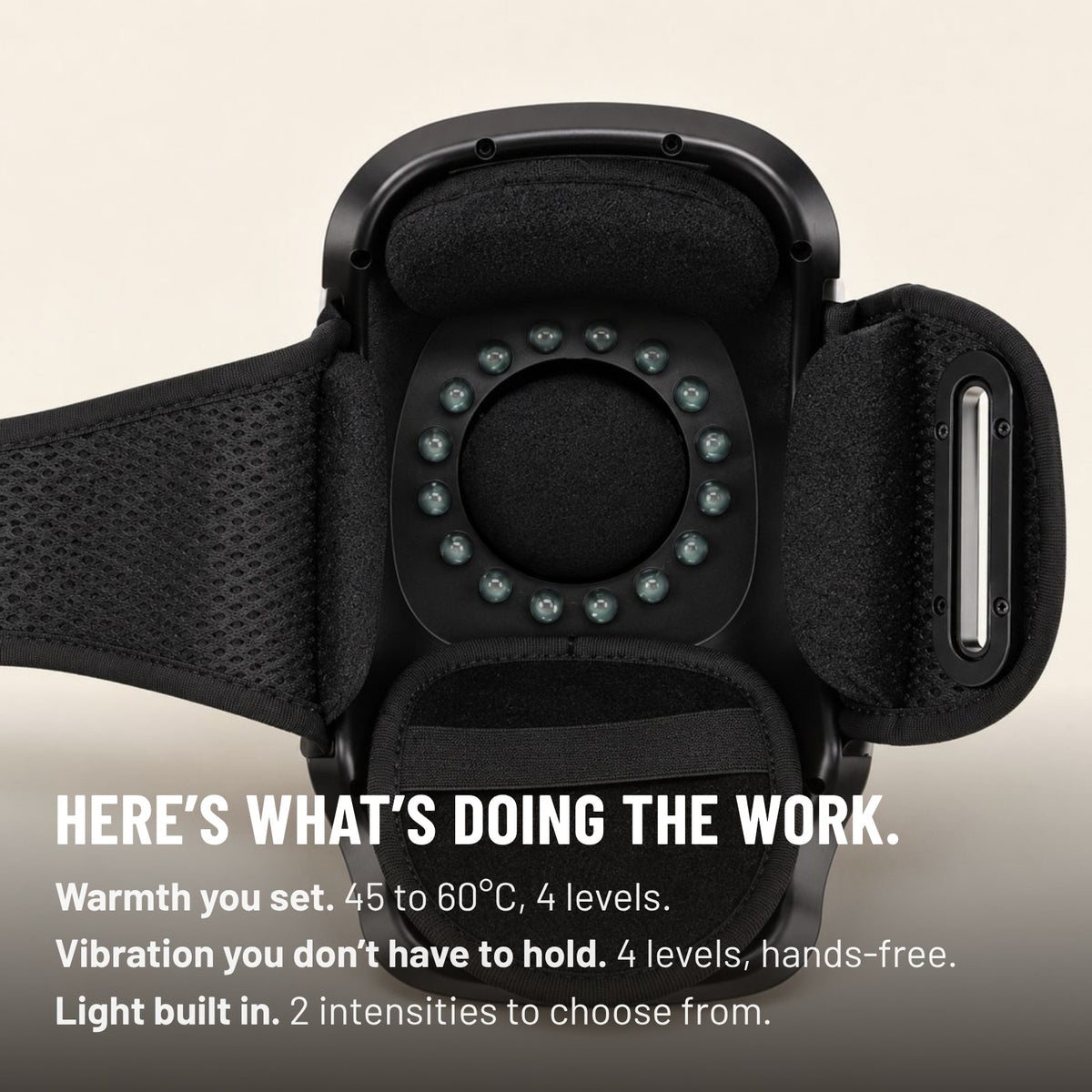 Inside of the ShiftReset device showing the soft lining and LED ring. Warmth 45 to 60°C, vibration in 4 levels, light in 2 intensities.