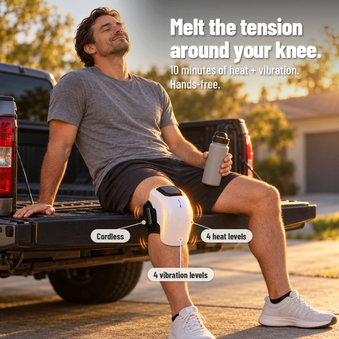 Adult seated on a pickup tailgate at golden hour with the ShiftReset knee device strapped on, with callouts for cordless, 4 heat levels and 4 vibration levels. Heat and vibration for 10 minutes, hands-free.