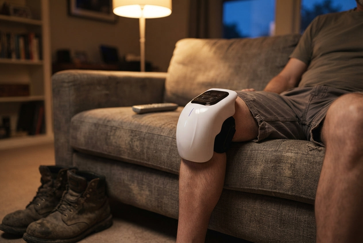 Person seated on a sofa with the ShiftReset knee device strapped on, work boots on the floor beside it.